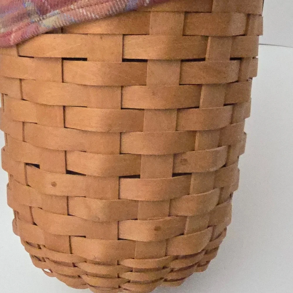 Longaberger Foyer Basket 2006 Woven Wood Leather Handle Red Plaid Liner Brown